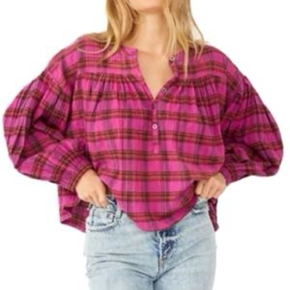 FREE PEOPLE Jessi Plaid Top Pink Combo Balloon Sleeve Boho Peasant Blouse M